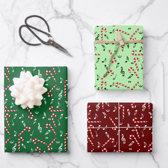 Candy Cane Music Notes Wrapping Paper Sheet (Front)