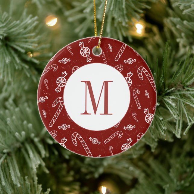 Candy Cane Peppermint Initial Monogram Christmas Ceramic Tree Decoration (Tree)