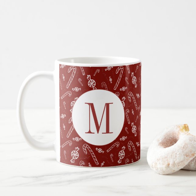 Candy Cane Peppermint Initial Monogram Christmas Coffee Mug (With Donut)