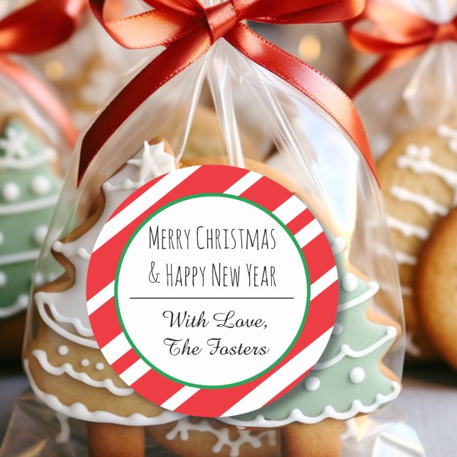 Candy Cane Personalise Merry Christmas New Year Classic Round Sticker (Creator Uploaded)