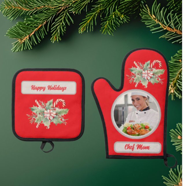 Candy Cane Personalised Chef Mum Photo Christmas Oven Mitt & Pot Holder Set (Creator Uploaded)