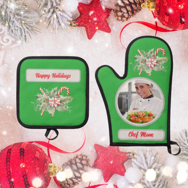 Candy Cane Personalised Chef Mum Photo Christmas Oven Mitt & Pot Holder Set (Creator Uploaded)