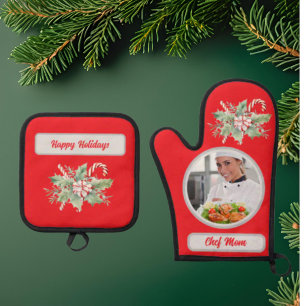 Candy Cane Personalized Chef Mom Photo Christmas Oven Mitt & Pot Holder Set