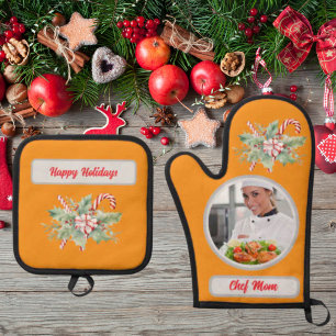 Candy Cane Personalized Chef Mom Photo Christmas Oven Mitt & Pot Holder Set