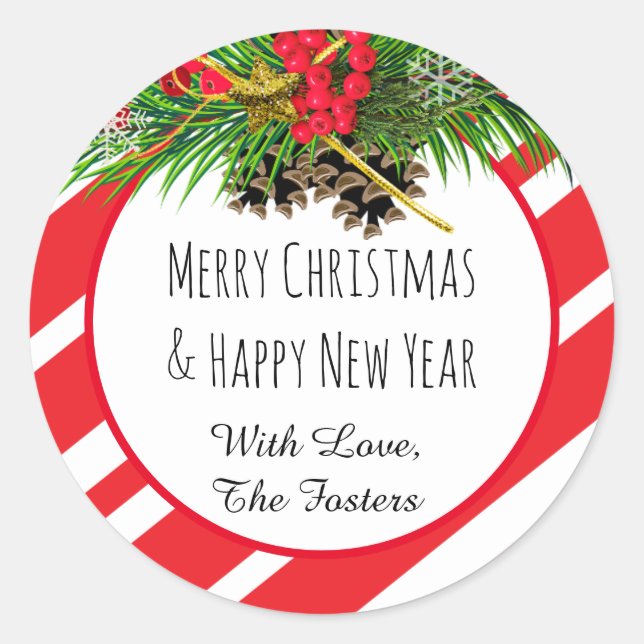 Candy Cane Pine Cone and Berries Merry Christmas Classic Round Sticker (Front)