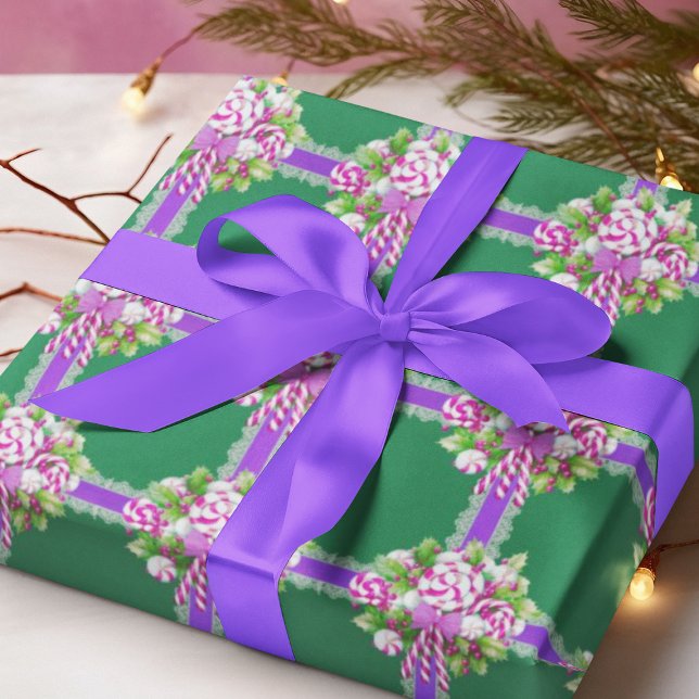 Candy Cane Purple and Pink Christmas  Wrapping Paper (Pink candy and purple ribbon shine on this Christmas green background!)