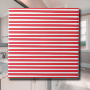 Candy Cane Red and White Simple Horizontal Striped Tile