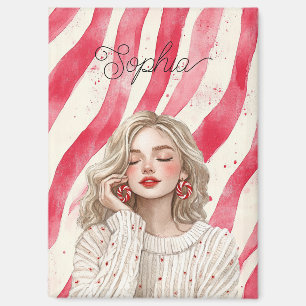 Candy Cane Red Stripes Blond Girl Magnet