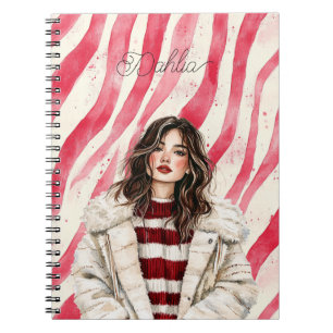 Candy Cane Red Stripes Brown Hair Girl Notebook