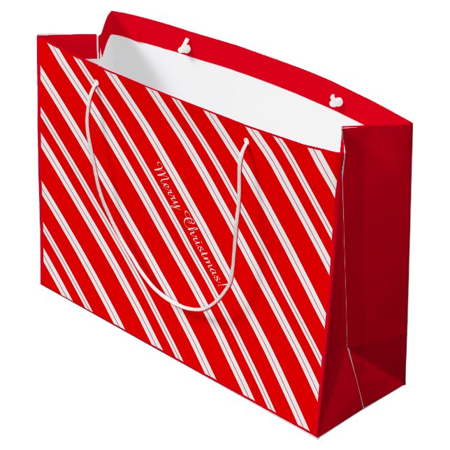 Candy Cane Red White Stripes Merry Christmas! Large Gift Bag (Back Angled)