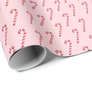 Candy cane red white stripes on pink watercolor wrapping paper
