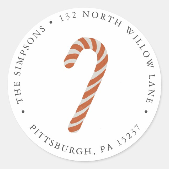 Candy Cane Return Address Classic Round Sticker (Front)