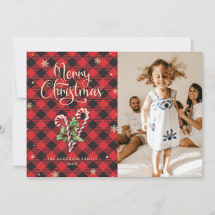 Candy Cane Snowflakes Plaid Photo Christmas Card