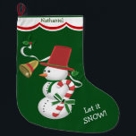 Candy Cane Snowman Large Christmas Stocking<br><div class="desc">Here's a colourful snowman image personalised Holiday Stocking that will please any child! It features an adorable snowman wearing a top hat and carrying a red and white striped candy cane which is tied with a pretty green bow. Behind him is a white ribbon with holly and a gold bell....</div>
