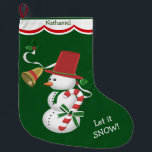 Candy Cane Snowman Large Christmas Stocking<br><div class="desc">Here's a colourful snowman image personalised Holiday Stocking that will please any child! It features an adorable snowman wearing a top hat and carrying a red and white striped candy cane which is tied with a pretty green bow. Behind him is a white ribbon with holly and a gold bell....</div>