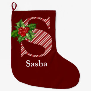 Candy Cane Stripe and Holly S Monogram  Large Christmas Stocking