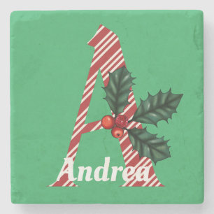 Candy Cane Stripe Letter A Large Christmas  Stone Coaster