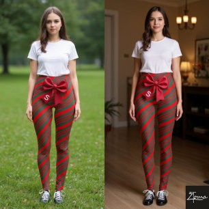Candy Cane Stripe Red green Bow Festive Christmas Leggings