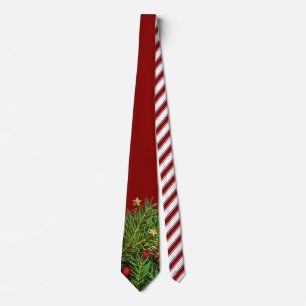 Candy Cane Stripes Christmas Pine Needles Tie