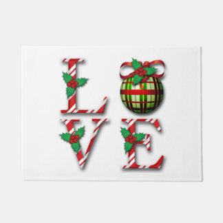 Candy Cane Stripes Holly Berries Love Christmas Doormat