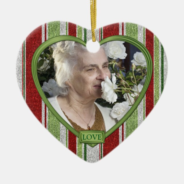 Candy Cane Stripes Memorial Heart Photo Christmas Ceramic Tree Decoration (Front)