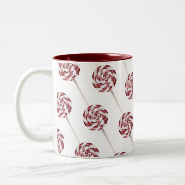 Candy Cane Swirl Lollipops Pattern Two-Tone Coffee Mug (Left)