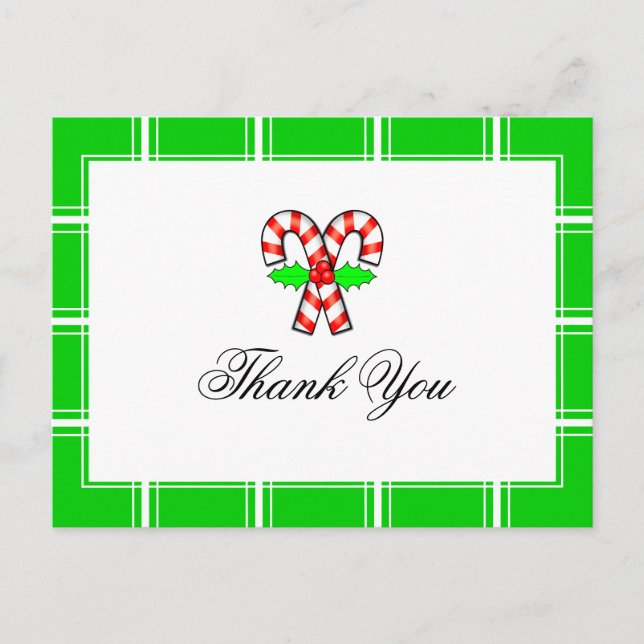Candy Cane Thank You Green Christmas Postcard (Front)