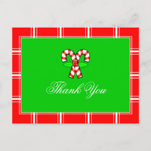 Candy Cane Thank You Green & Red Christmas Postcard
