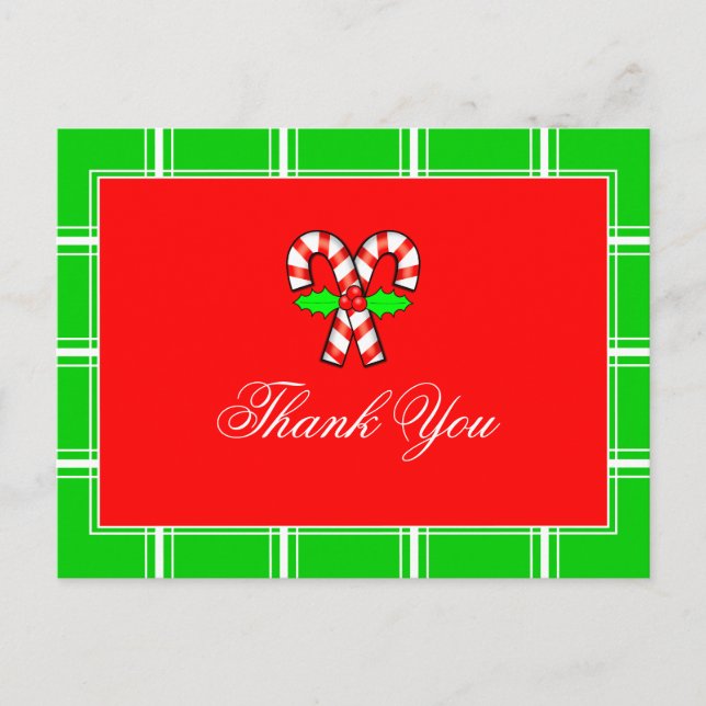 Candy Cane Thank You Red & Green Christmas Holiday Postcard (Front)
