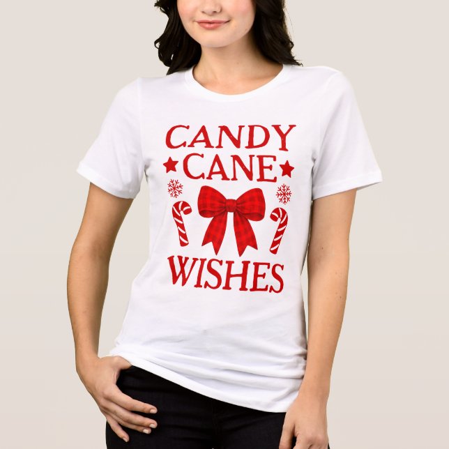 Candy Cane Wishes Red Gingham Bow Christmas Shirt (Front)
