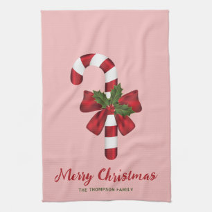 Candy Cane With A Bow And Christmas Holly & Text Tea Towel