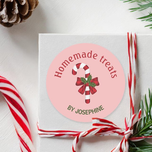 Candy Cane With A Bow On Pink - Homemade Treats Classic Round Sticker (Creator Uploaded)