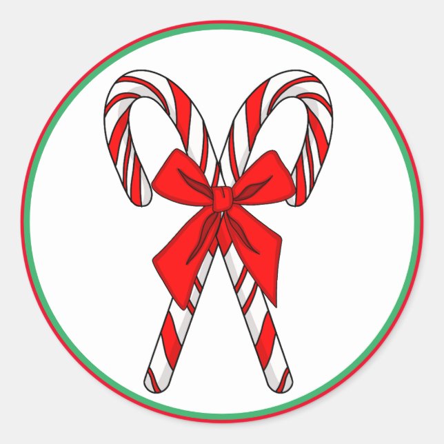 Candy Canes and Bow Christmas Classic Round Sticker (Front)