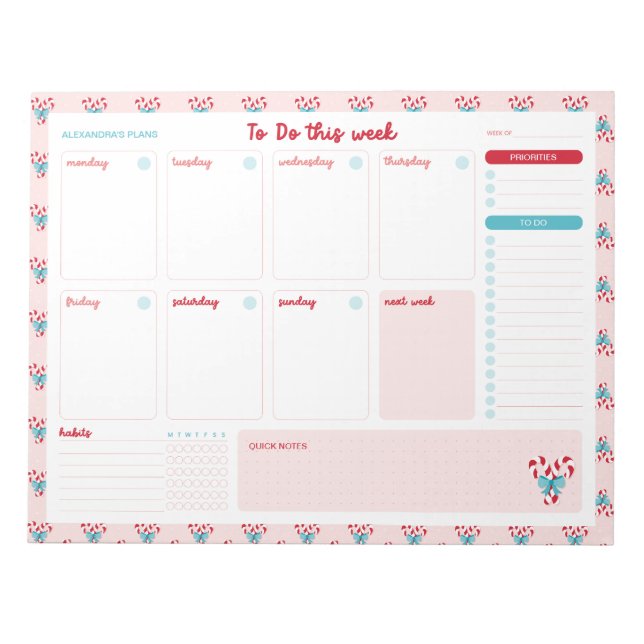 Candy Canes and Bows Weekly To Do List Planner Notepad (Front)