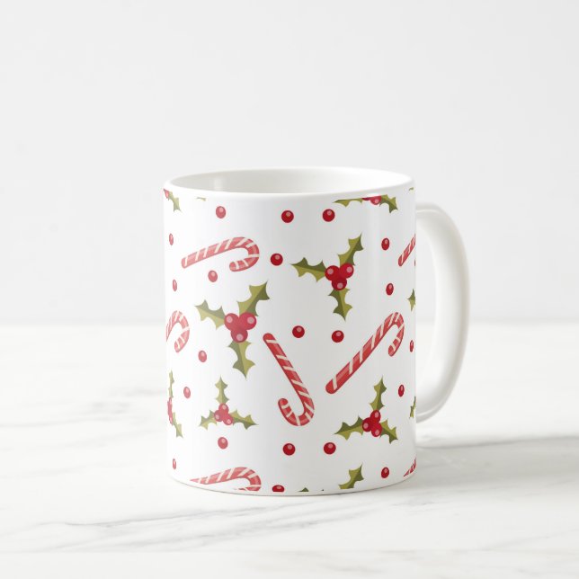 Candy Canes and Holly Seamless Pattern  Coffee Mug (Front Right)