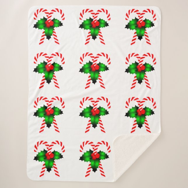 Candy Canes And Holly Sherpa Blanket (Front)