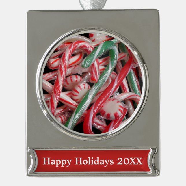 Candy Canes and Peppermints Christmas Holiday Silver Plated Banner Ornament (Front)