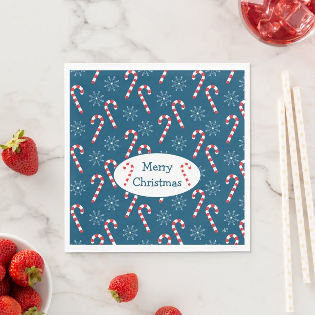 Candy Canes and Snowflakes Blue Christmas Napkin (Insitu)