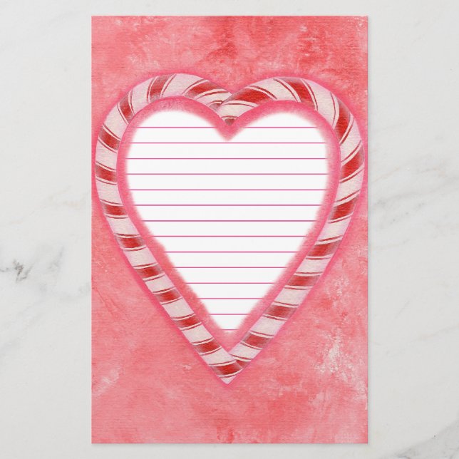 Candy Canes Heart Red Pink White Lined Stationery (Front)
