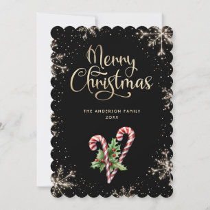 Candy Canes Holly Berries Black Christmas Card