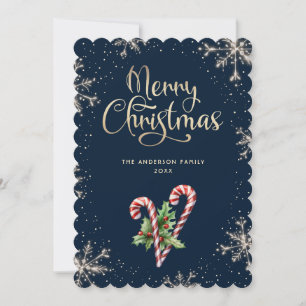 Candy Canes Holly Berries Blue Christmas Card