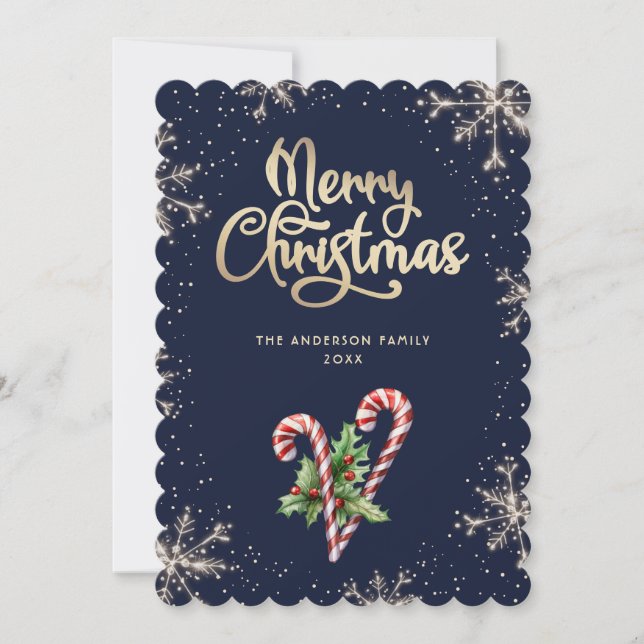 Candy Canes Holly Berries Blue Christmas Card (Front)