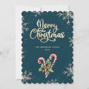 Candy Canes Holly Berries Teal Christmas Card