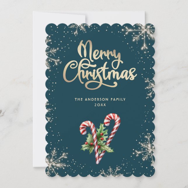 Candy Canes Holly Berries Teal Christmas Card (Front)