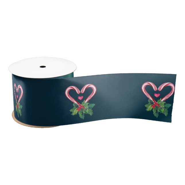 Candy Canes,Holly Berry ,Green Christmas Satin Ribbon (Spool)