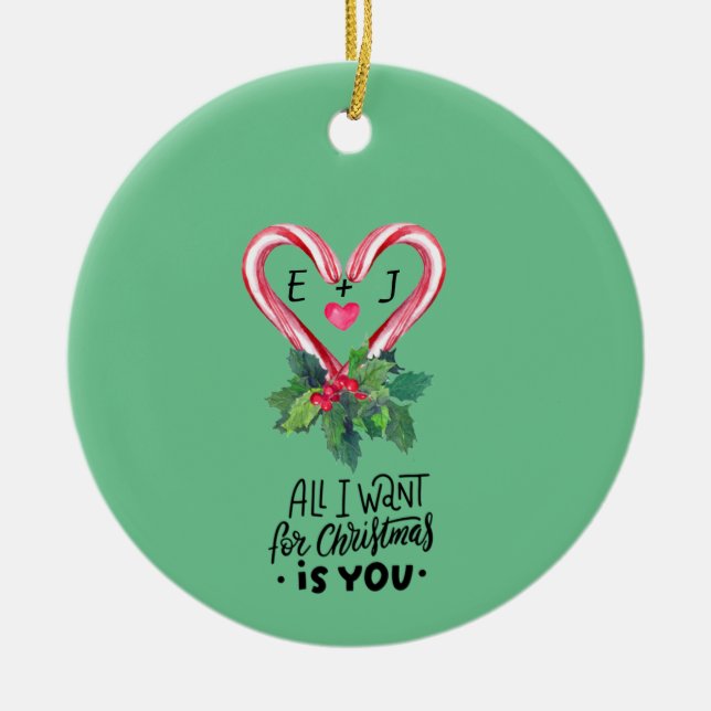 Candy Canes,Holly Berry,Love,Monogram Ceramic Tree Decoration (Front)