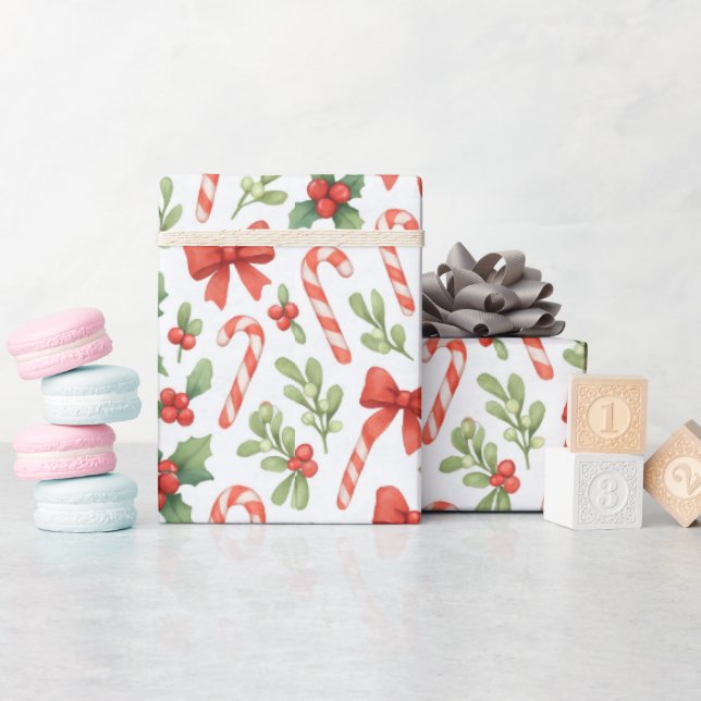 Candy Canes, Holly & Bows Wrapping Paper (Baby Shower)