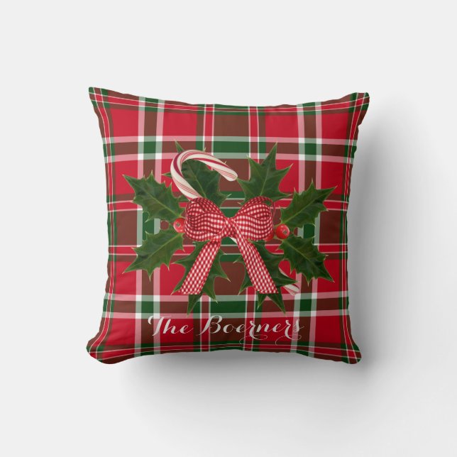 Candy Canes Holly Christmas Throw Pillow (Front)
