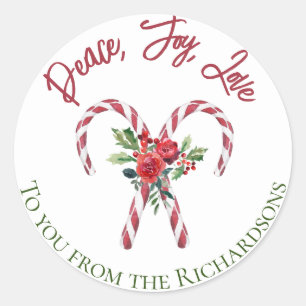 Candy Canes Holly Floral Peace Joy Love Christmas  Classic Round Sticker