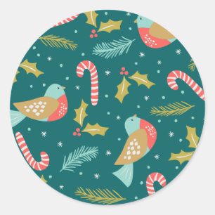 Candy Canes Holly Pine Boughs Birds Classic Round Sticker